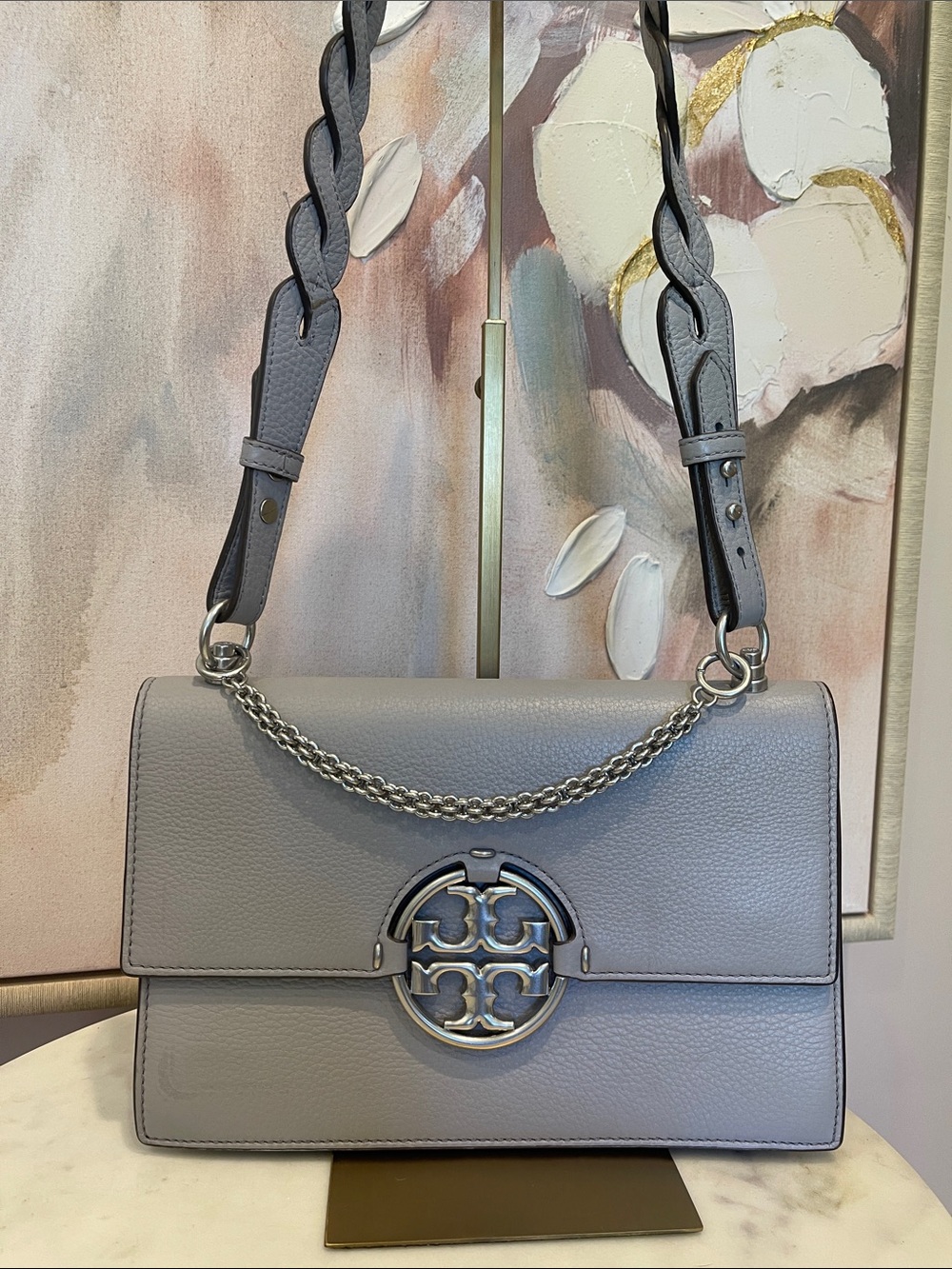 Tory Burch Miller Grey Leather Shoulder Bag with Chain